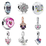 925 Silver Flowers Pendant Butterfly Glass Beads Bracelet Charms