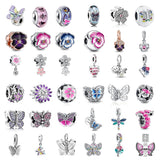 925 Silver Flowers Pendant Butterfly Glass Beads Bracelet Charms