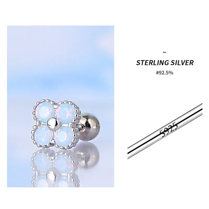 925 Silver Four Leaf Flower Stud Earrings Colorful Zircon Piercing Jewelry