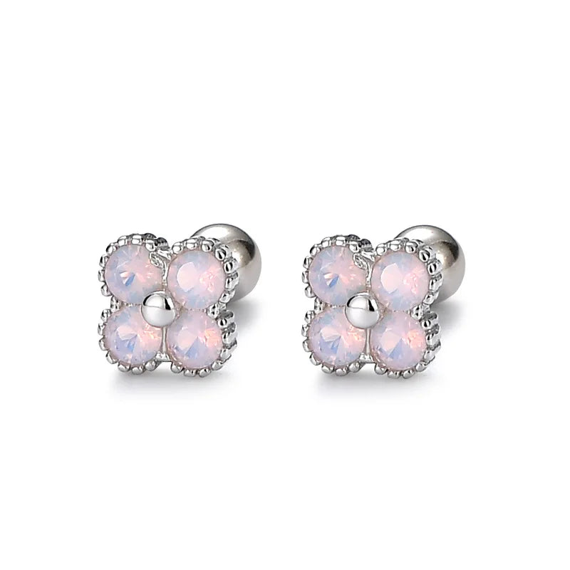 925 Silver Four Leaf Flower Stud Earrings Colorful Zircon Piercing Jewelry