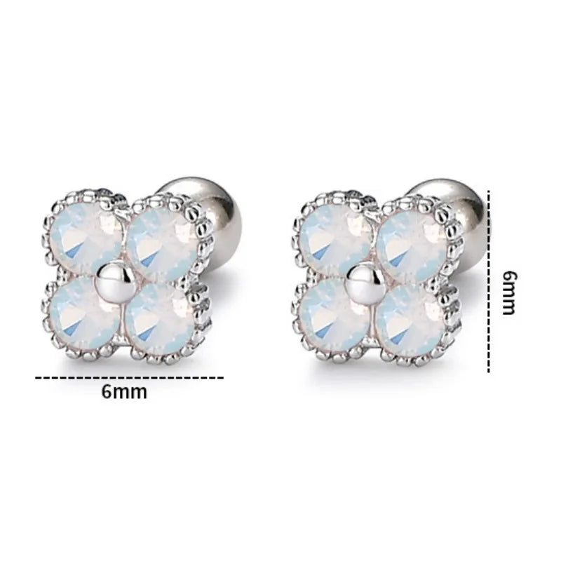 925 Silver Four Leaf Flower Stud Earrings Colorful Zircon Piercing Jewelry