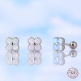 925 Silver Four Leaf Flower Stud Earrings Colorful Zircon Piercing Jewelry