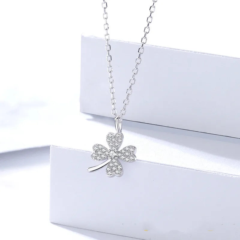 925 Silver Clover Necklace Zircon Adjustable Chain Pendant Birthday Gift