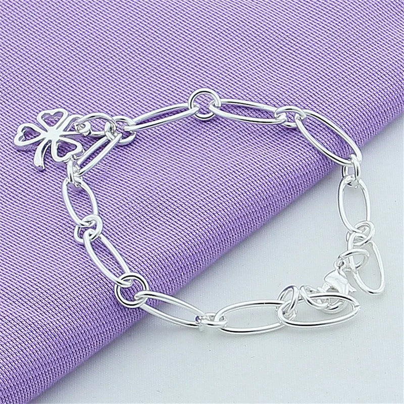 925 Silver Four Leaf Clover Flowers Bracelet For Women Charm Wedding Engagement