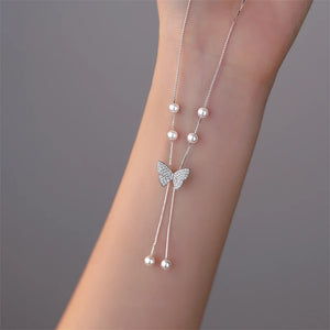 925 Silver Pearl Butterfly Necklace for Women Girl Adjustable Choker