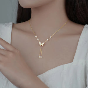 925 Silver Pearl Butterfly Necklace for Women Girl Adjustable Choker