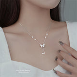 925 Silver Pearl Butterfly Necklace for Women Girl Adjustable Choker
