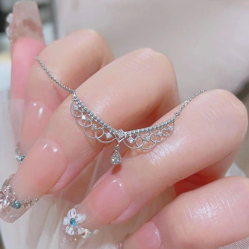 925 Silver French Lace Zircon Necklace Crown Collar Chain