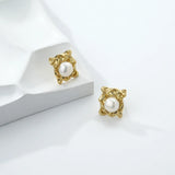 925 Silver Ruffled Faux Pearl Stud Earrings Vintage Jewelry