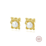 925 Silver Ruffled Faux Pearl Stud Earrings Vintage Jewelry