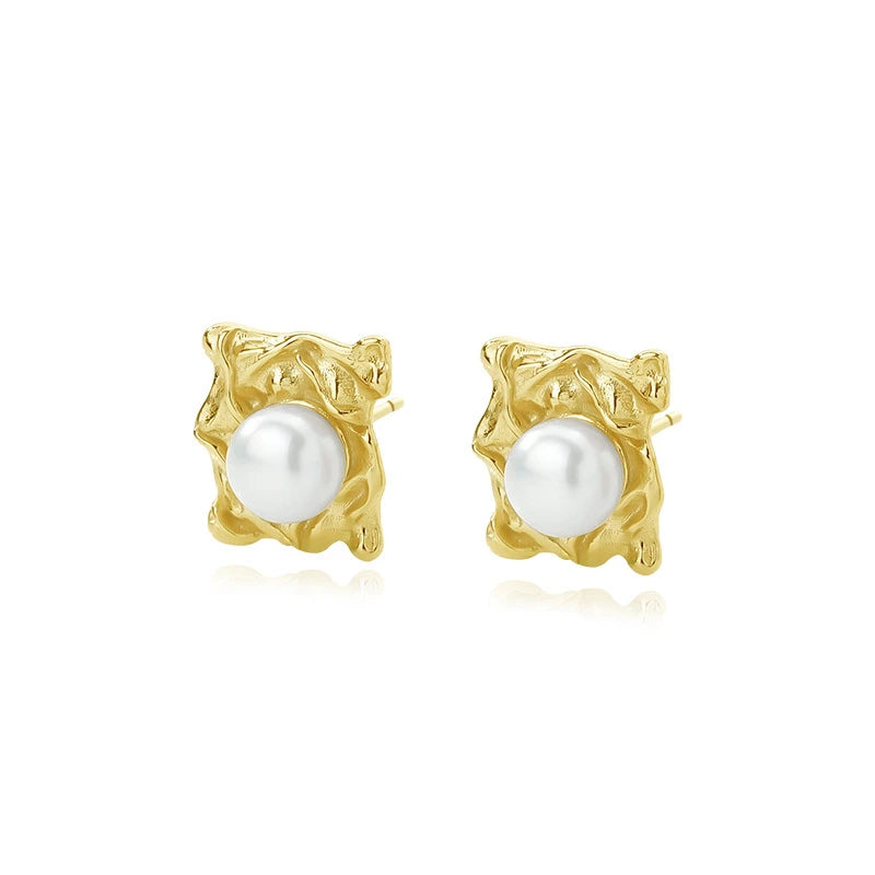925 Silver Ruffled Faux Pearl Stud Earrings Vintage Jewelry