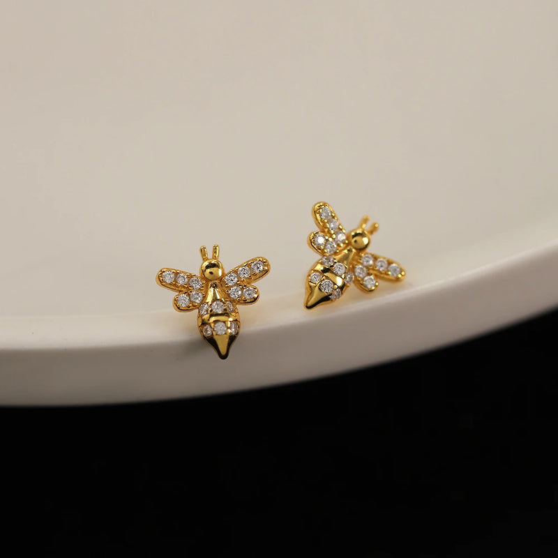 925 Silver Bee Stud Earrings French Pav? Crystal 14k Jewelry