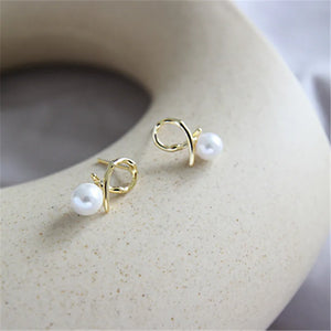 925 Silver Pearl Geometric Line Stud Earrings for Women