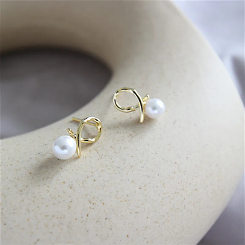 925 Silver Pearl Geometric Line Stud Earrings for Women