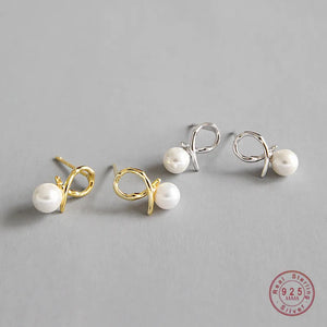 925 Silver Pearl Geometric Line Stud Earrings for Women