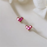 925 Silver Red Zircon Heart Stud Earrings Women Wedding Jewelry Gift