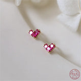 925 Silver Red Zircon Heart Stud Earrings Women Wedding Jewelry Gift