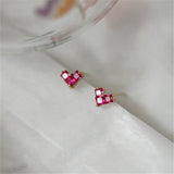 925 Silver Red Zircon Heart Stud Earrings Women Wedding Jewelry Gift