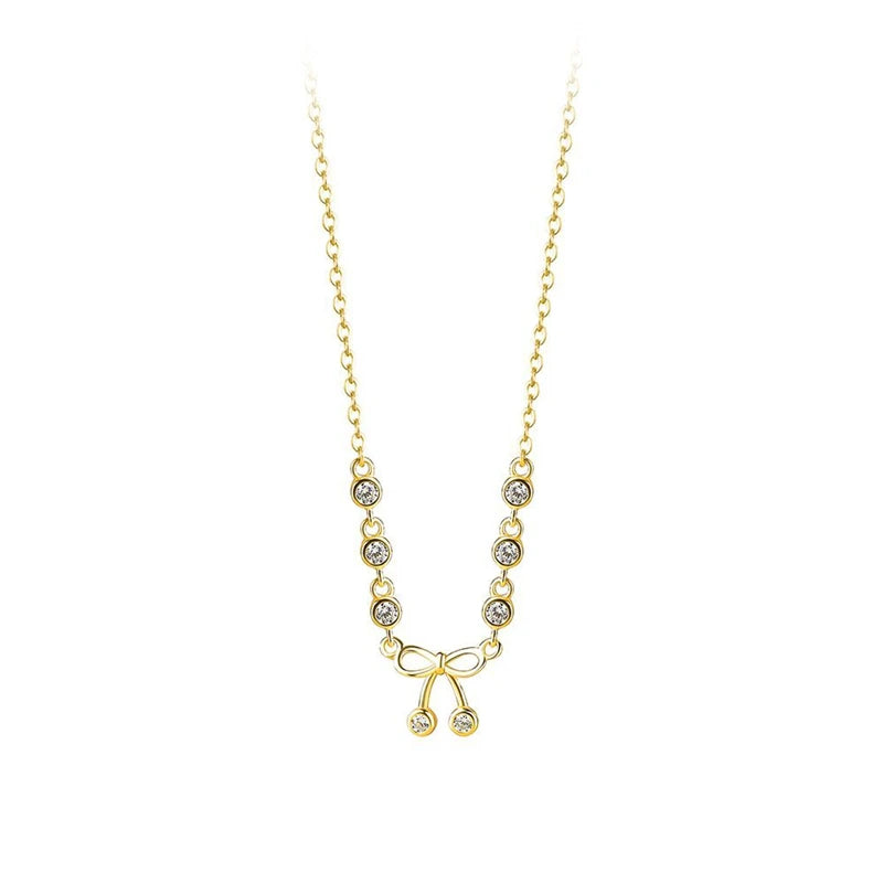 925 Silver French Vintage Bow Necklace Zircon Light Wedding Jewelry
