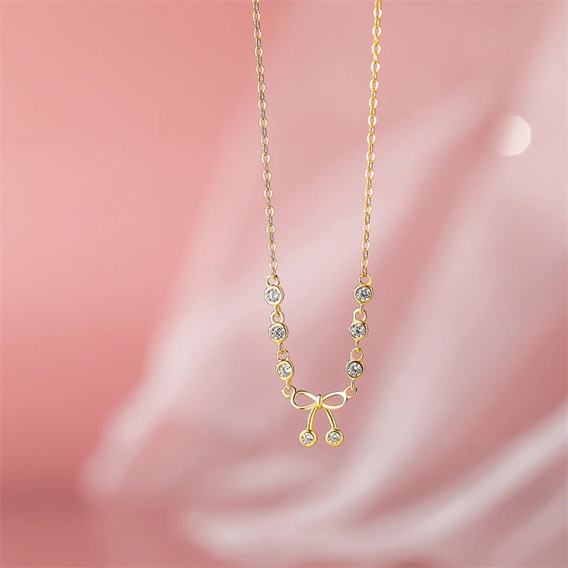925 Silver French Vintage Bow Necklace Zircon Light Wedding Jewelry