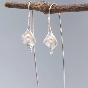 925 Silver Pearl Earrings Calla Lily Ear Hook Retro Flower Drop Earrings