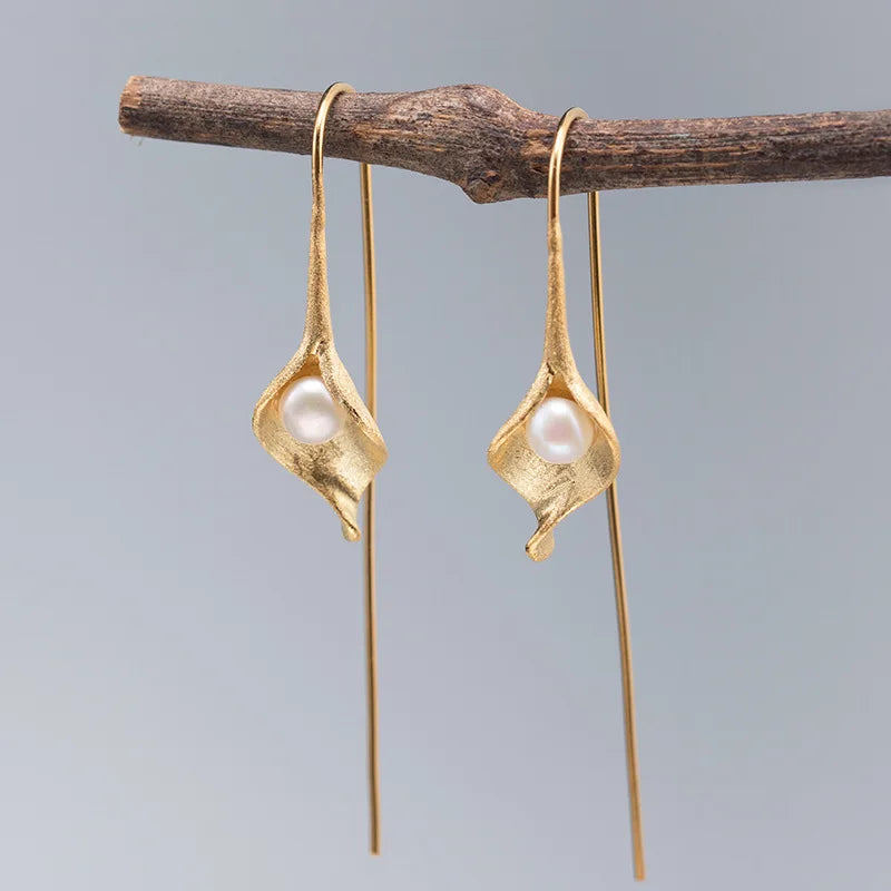 925 Silver Pearl Earrings Calla Lily Ear Hook Retro Flower Drop Earrings