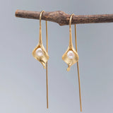 925 Silver Pearl Earrings Calla Lily Ear Hook Retro Flower Drop Earrings