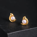 925 Silver Pearl Fox Stud Earrings 18k Plating