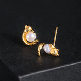 925 Silver Pearl Fox Stud Earrings 18k Plating