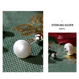 925 Silver Pearl Geometric Stud Earrings Women Round Shape Jewelry