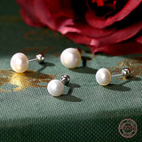 925 Silver Pearl Geometric Stud Earrings Women Round Shape Jewelry