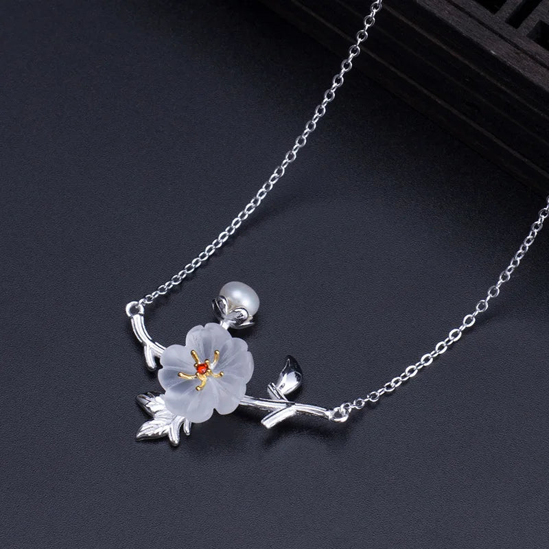925 Silver Freshwater Pearl Zircon Necklace Crystal Flower Pendants Jewelry