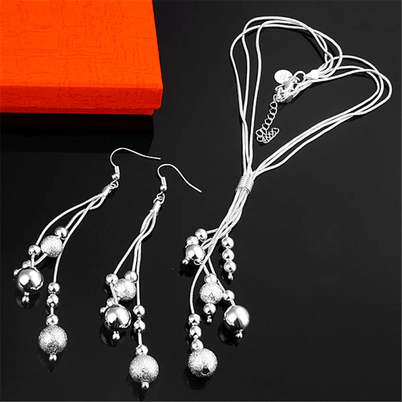 925 Silver Fringed Beads Necklace Earrings Set for Women Party Wedding