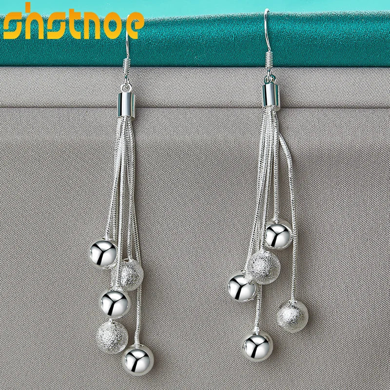 925 Silver Frosted Smooth Balls Snake Chain Drop Earrings for Women