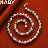 925 Silver Frosting Smooth Beads Chain Bracelet Necklace Set