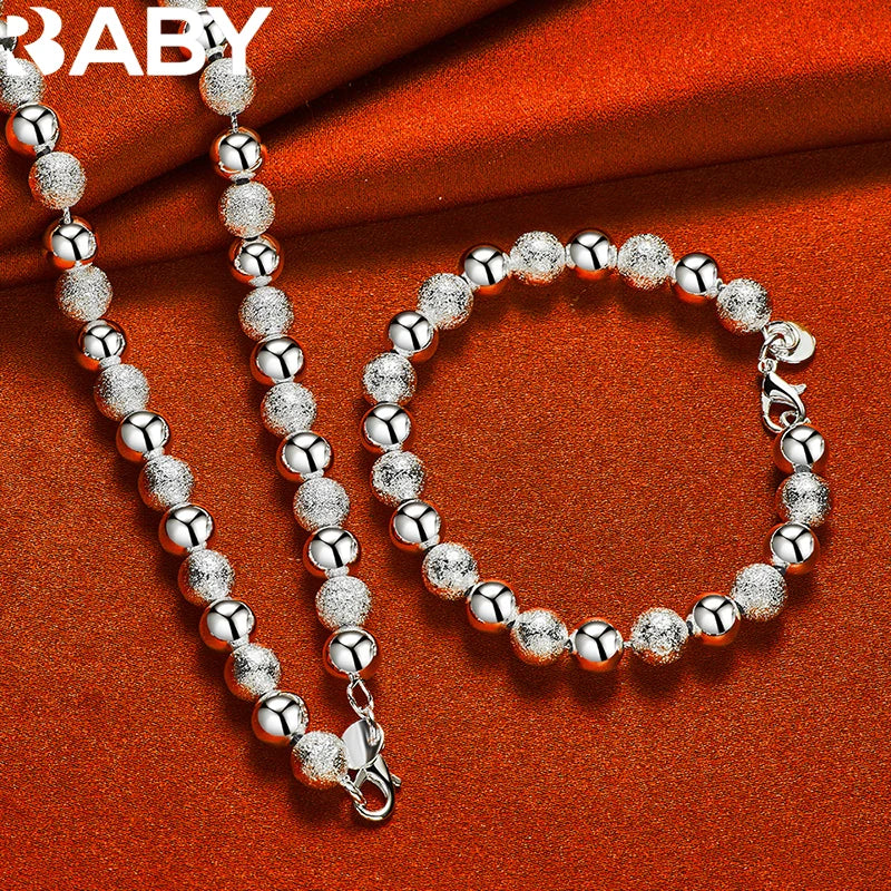 925 Silver Frosting Smooth Beads Chain Bracelet Necklace Set