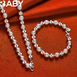 925 Silver Frosting Smooth Beads Chain Bracelet Necklace Set