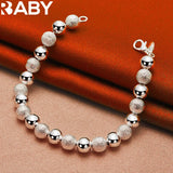 925 Silver Frosting Smooth Beads Chain Bracelet Necklace Set