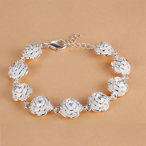 925 Silver Rose Flower Chain Bracelet for Women Wedding