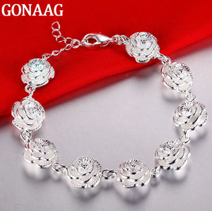 925 Silver Rose Flower Chain Bracelet for Women Wedding