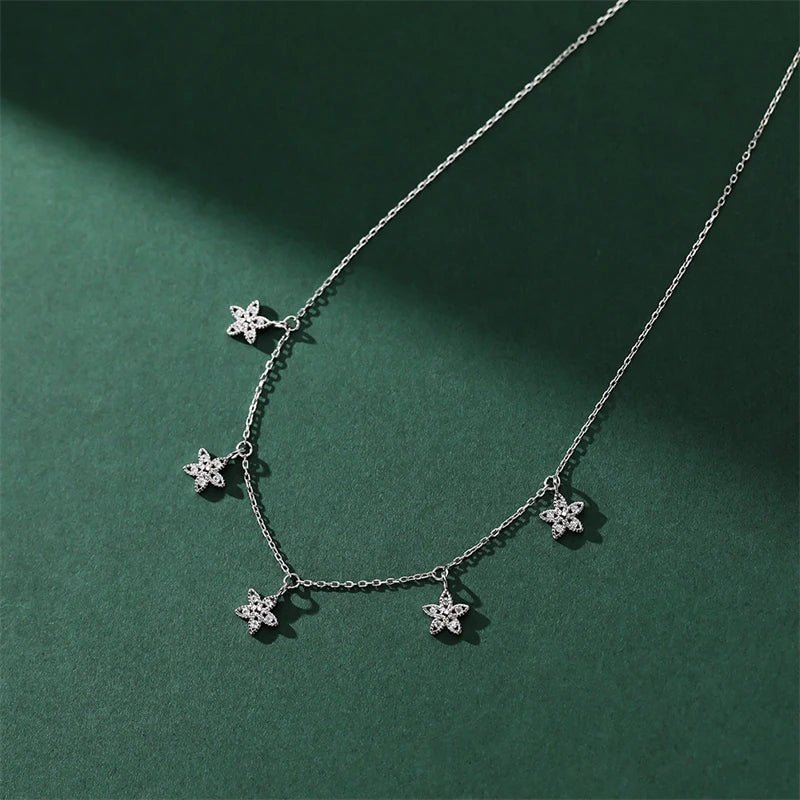 925 Silver Stars Flowers Necklace Zircon Tassel Women Jewelry