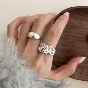 925 Sterling Silver Geometric Pearl Rings Adjustable Couple