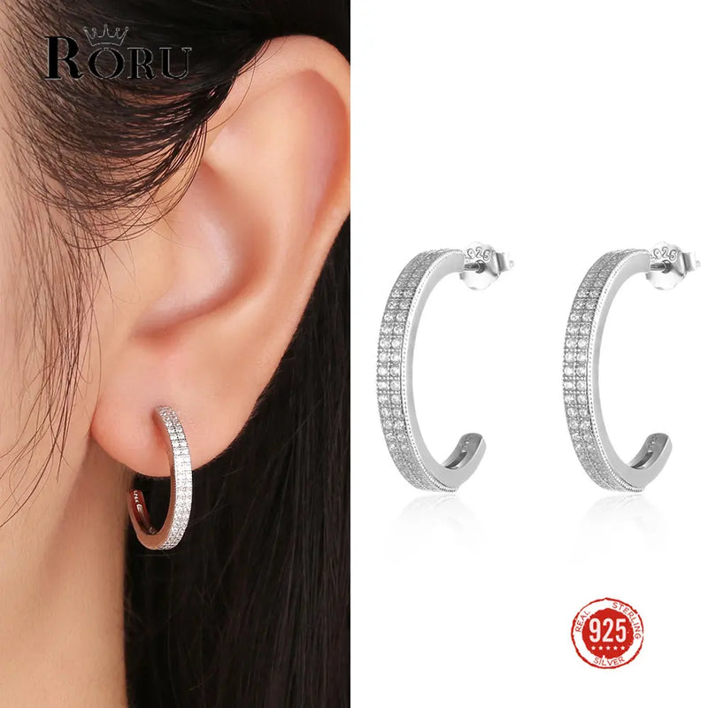 925 Silver Geometric C Shape Earrings with Zircon for Women