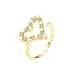 925 Silver Geometric Heart Pearl Adjustable Ring Women Party Jewelry