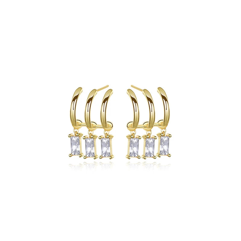 925 Silver Geometric Multilayer Drop Earrings Square Crystal Zircon Dangle