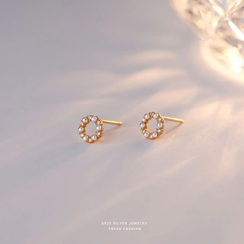 925 Silver Pearl Zircon Stud Earrings Women Jewelry