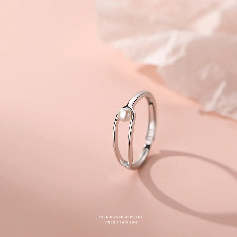 925 Silver Geometric Pearl Ring for Women Shell Bead Jewelry