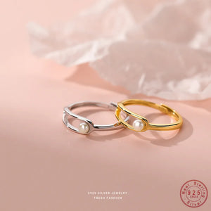925 Silver Geometric Pearl Ring for Women Shell Bead Jewelry