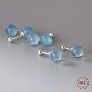 925 Silver Kyanite Stud Earrings Geometric Round Bead Feminine Piercing Jewelry