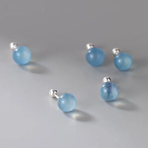 925 Silver Kyanite Stud Earrings Geometric Round Bead Feminine Piercing Jewelry